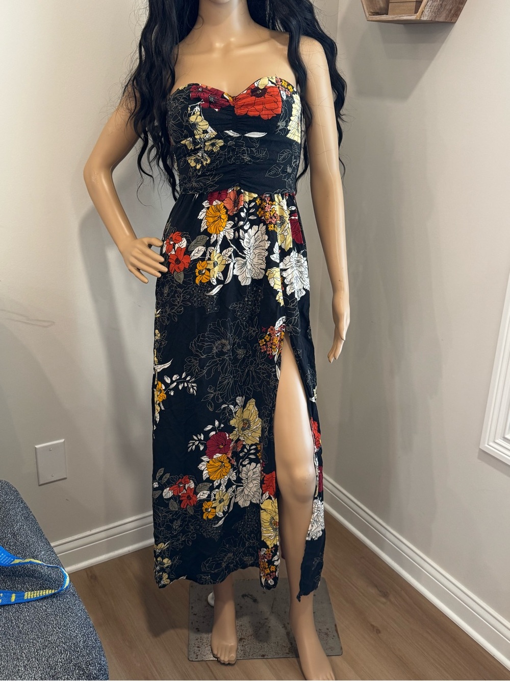 Band of Gypsies Strapless Floral Maxi Dress Slit Boho XS Summer